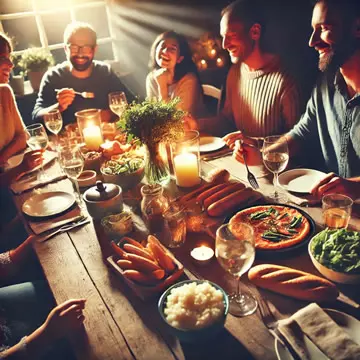 mesa llena de gente comiendo