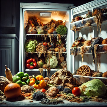 nevera llena de comida podrida